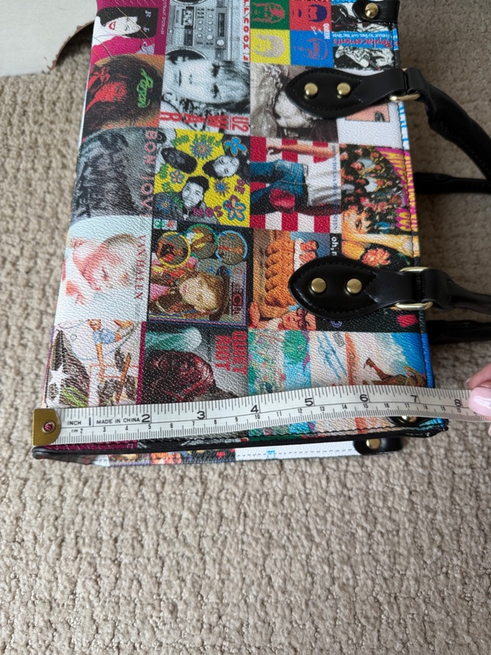 NEW multicolor 80s Albums themed Women’s Handbag w/ Black Handles/gold hardware. - Picture 9 of 11